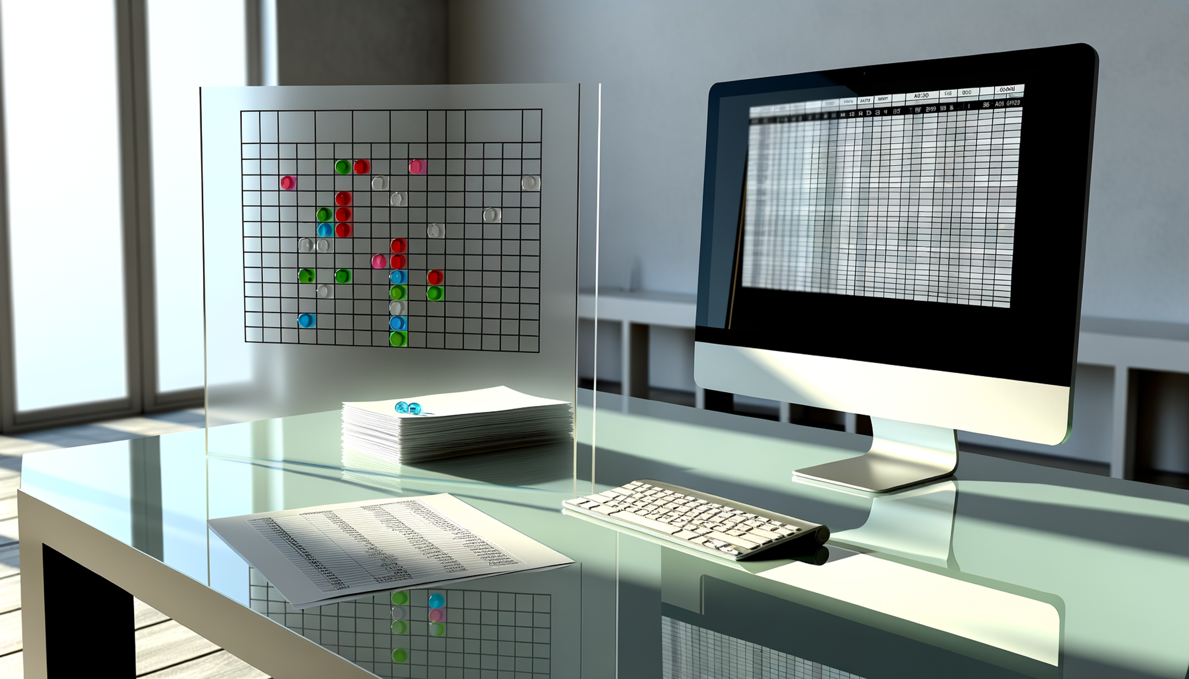 Modern workspace with a glass board showing a colored grid matrix, laptop with blurred spreadsheet, and financial documents on a sunlit desk.