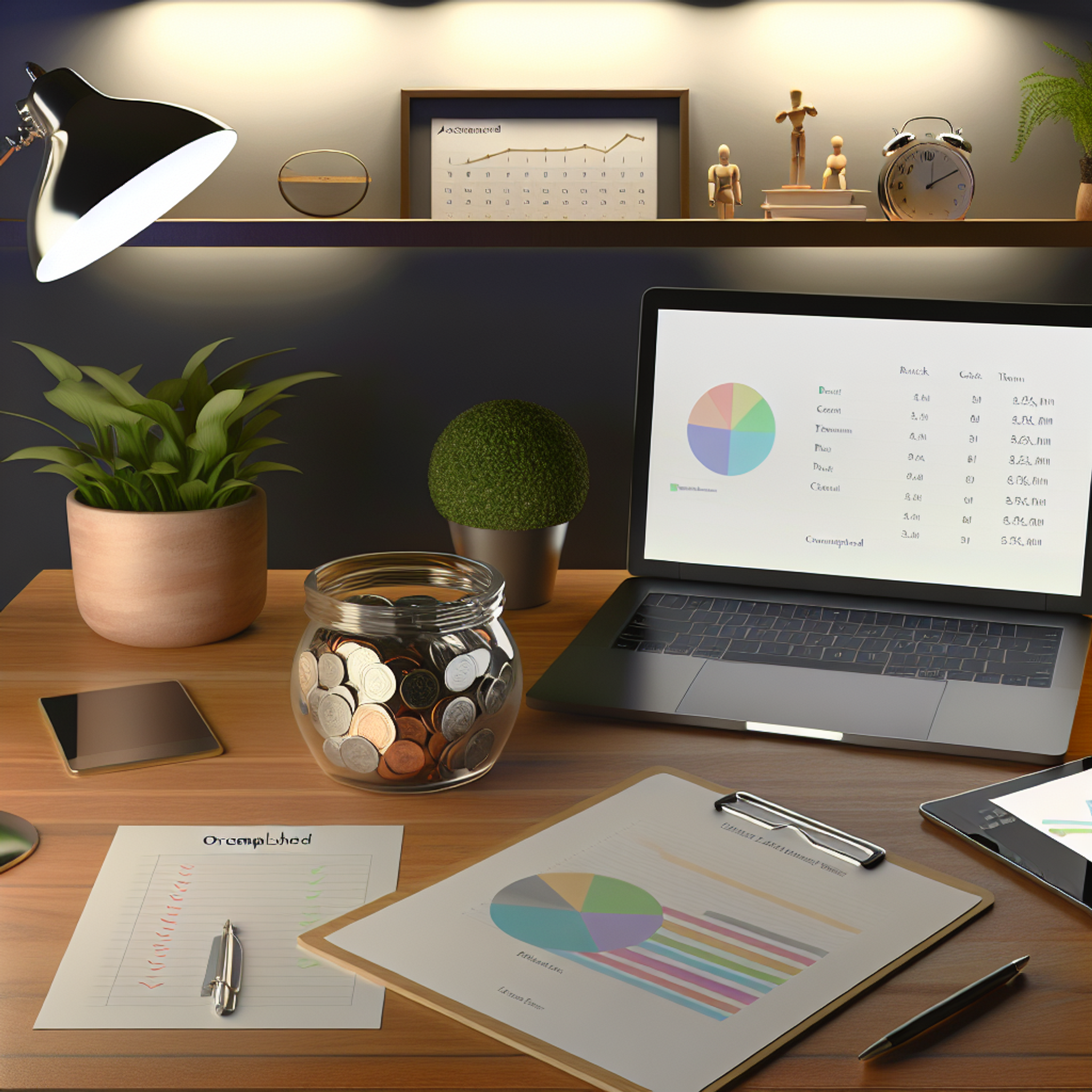 Neatly organized desk with a laptop showing a budget spreadsheet, coins by a labeled jar, checklist, tablet with pie chart, plant, and calendar.