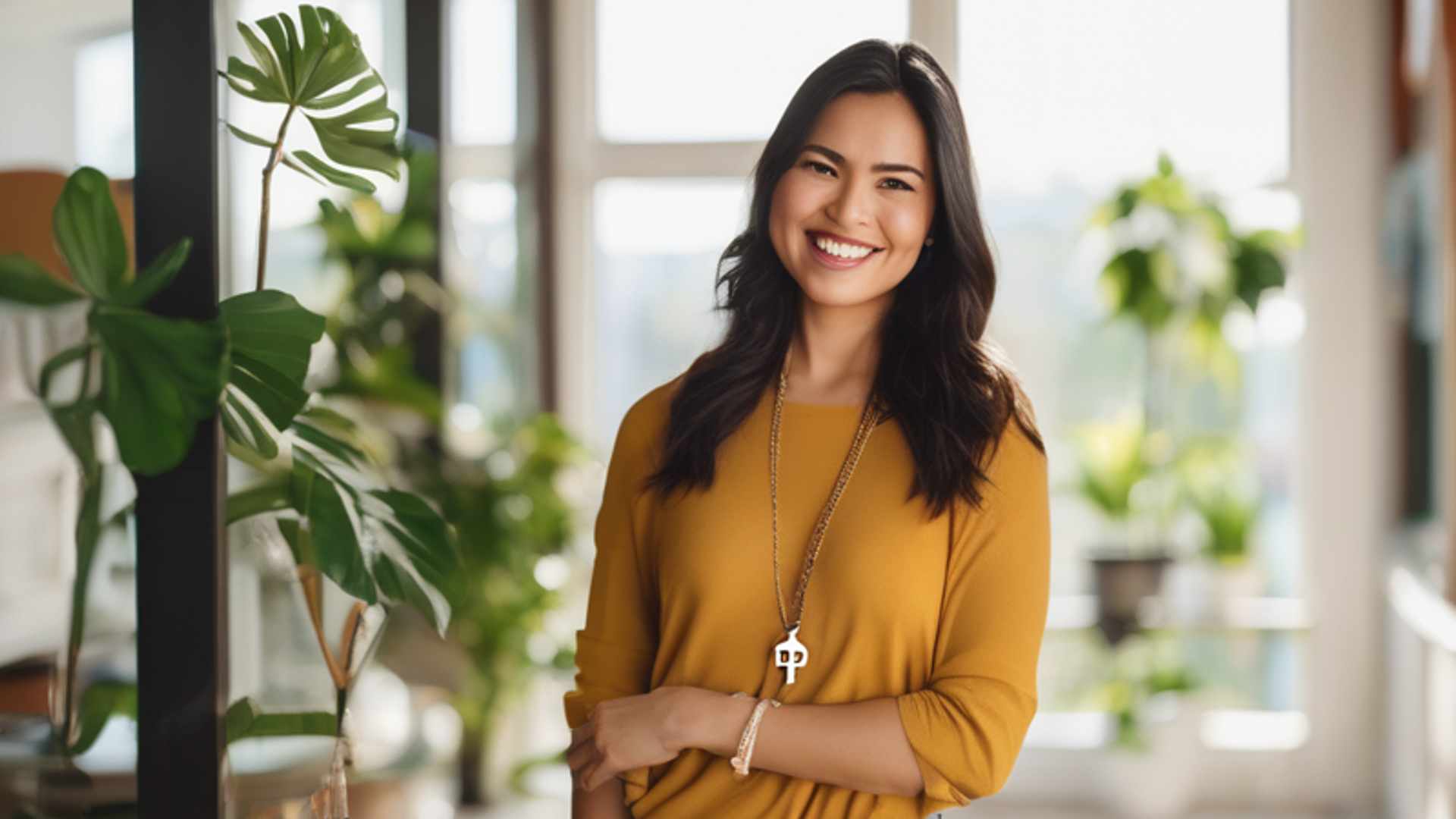 A woman stands confidently in a clutter-free room, surrounded by open spaces and natural light, holding a symbol of financial freedom with a subtle smile.