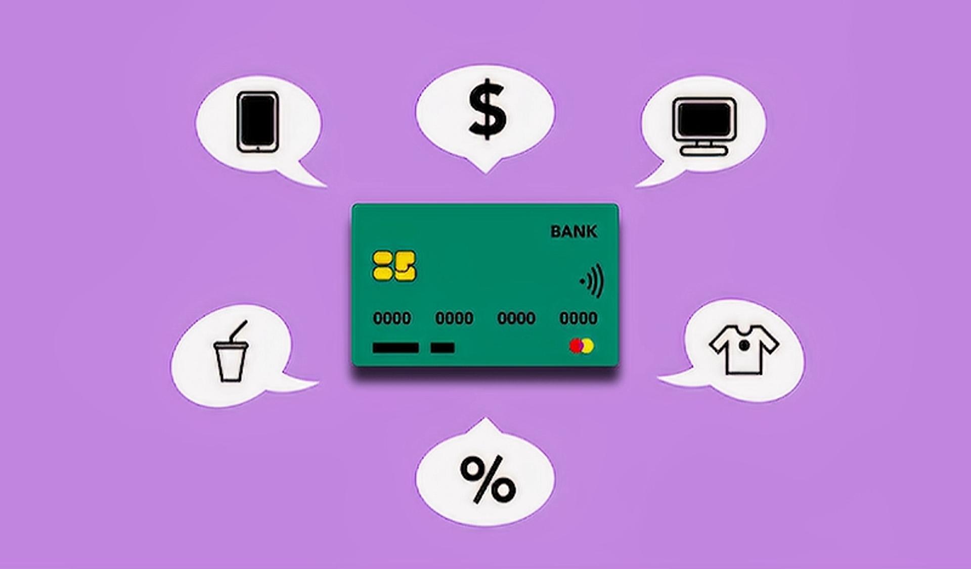 Digital image of a credit card with surrounding bubbles for each benefit