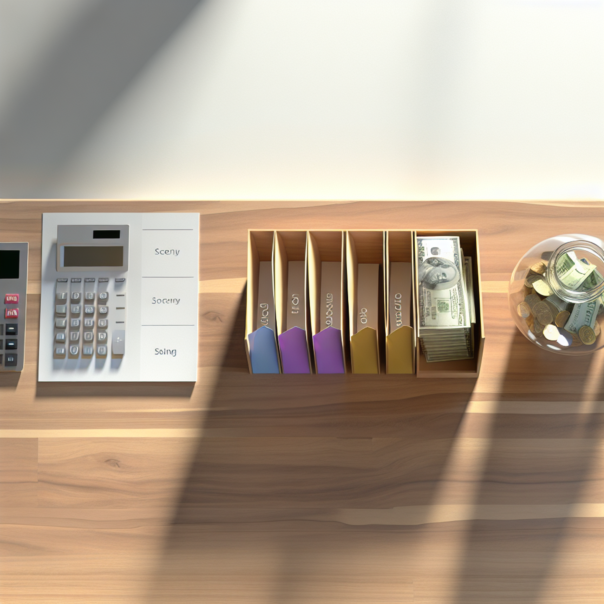 Neatly organized wooden desk with a calculator, color-coded expense envelopes, and glass jars holding sorted banknotes in soft natural light.
