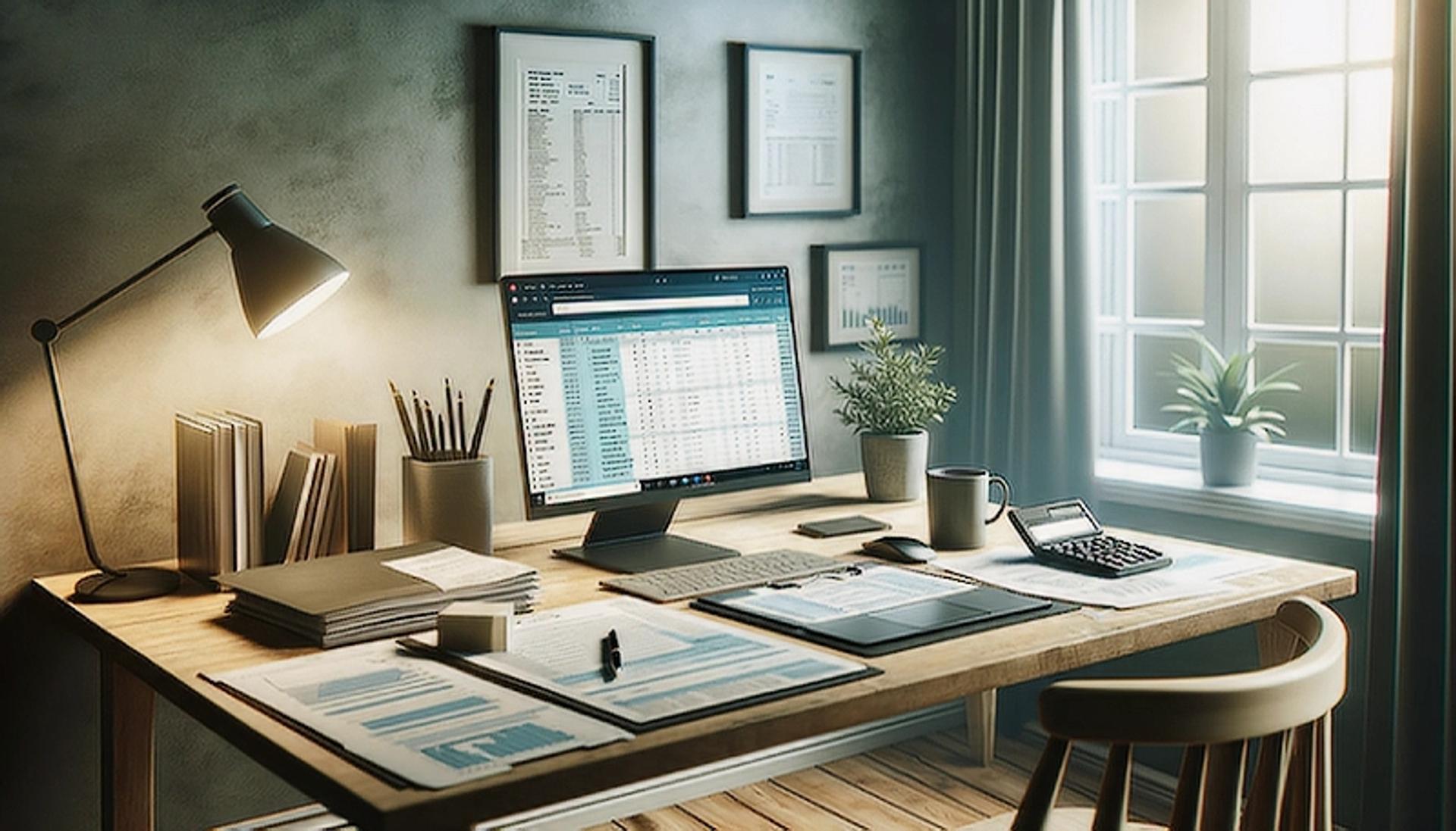 A well-organized home office with tax documents and digital tools for efficient tax planning.