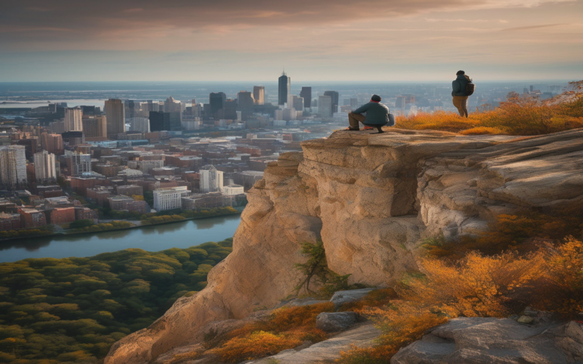 A person stands at a cliff's edge, gazing out at a city below, with opulent surroundings and a look of discontent on their face.