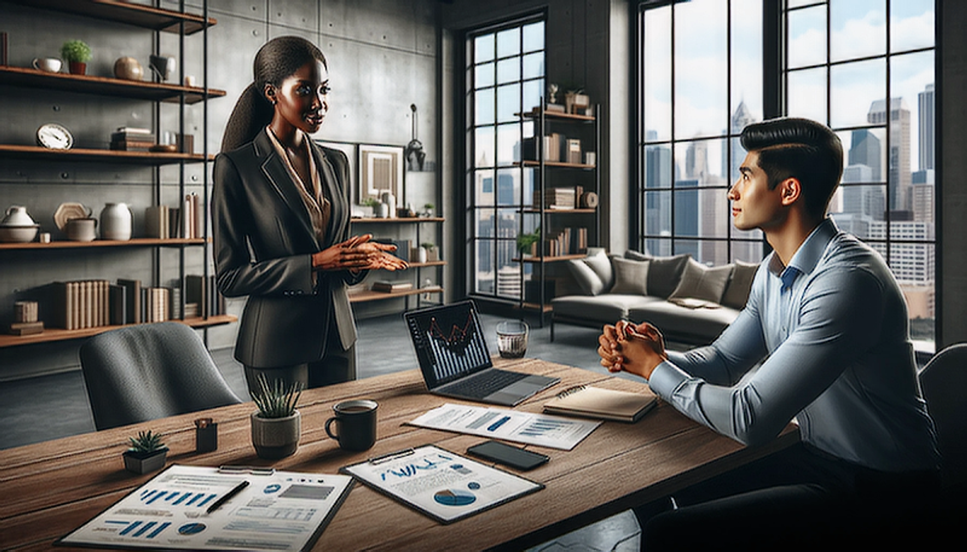Digital image of two workers meeting in an office