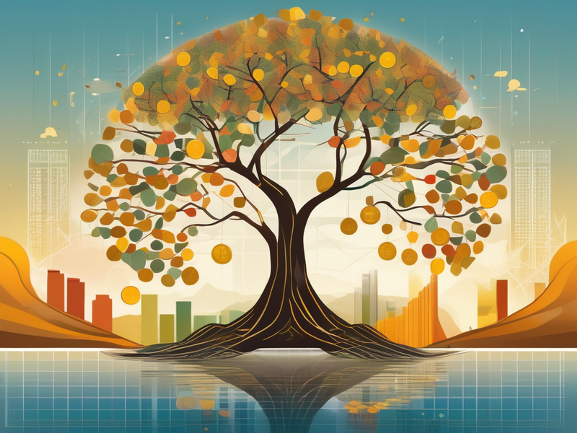 A flourishing tree with coins and digital symbols on branches, set against a sky with stock graphs, symbolizes financial resilience.