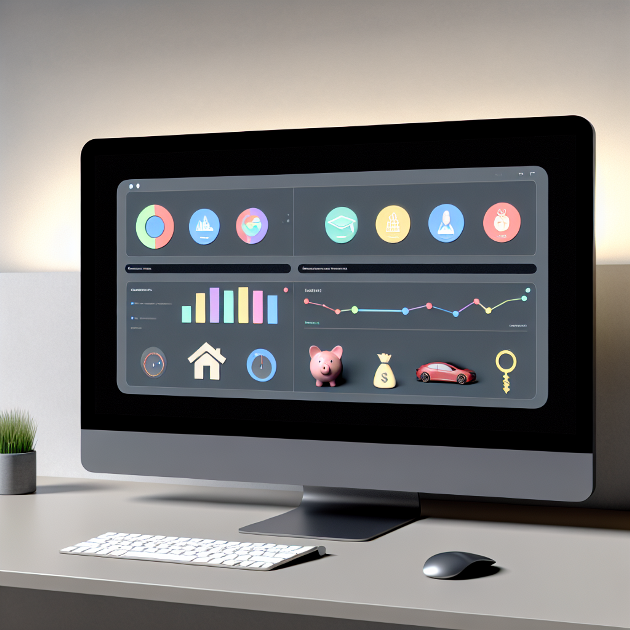 Modern workspace with a large monitor displaying a colorful, customizable financial dashboard, life stage icons, and a tidy, minimalist desk.