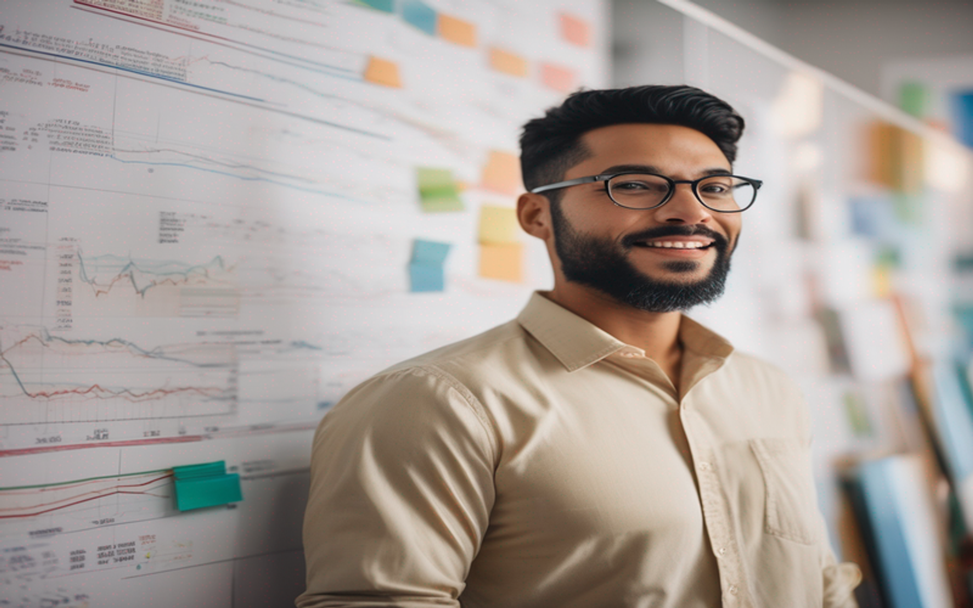 A happy man standing in front of a whiteboard with charts and other financial data on it.