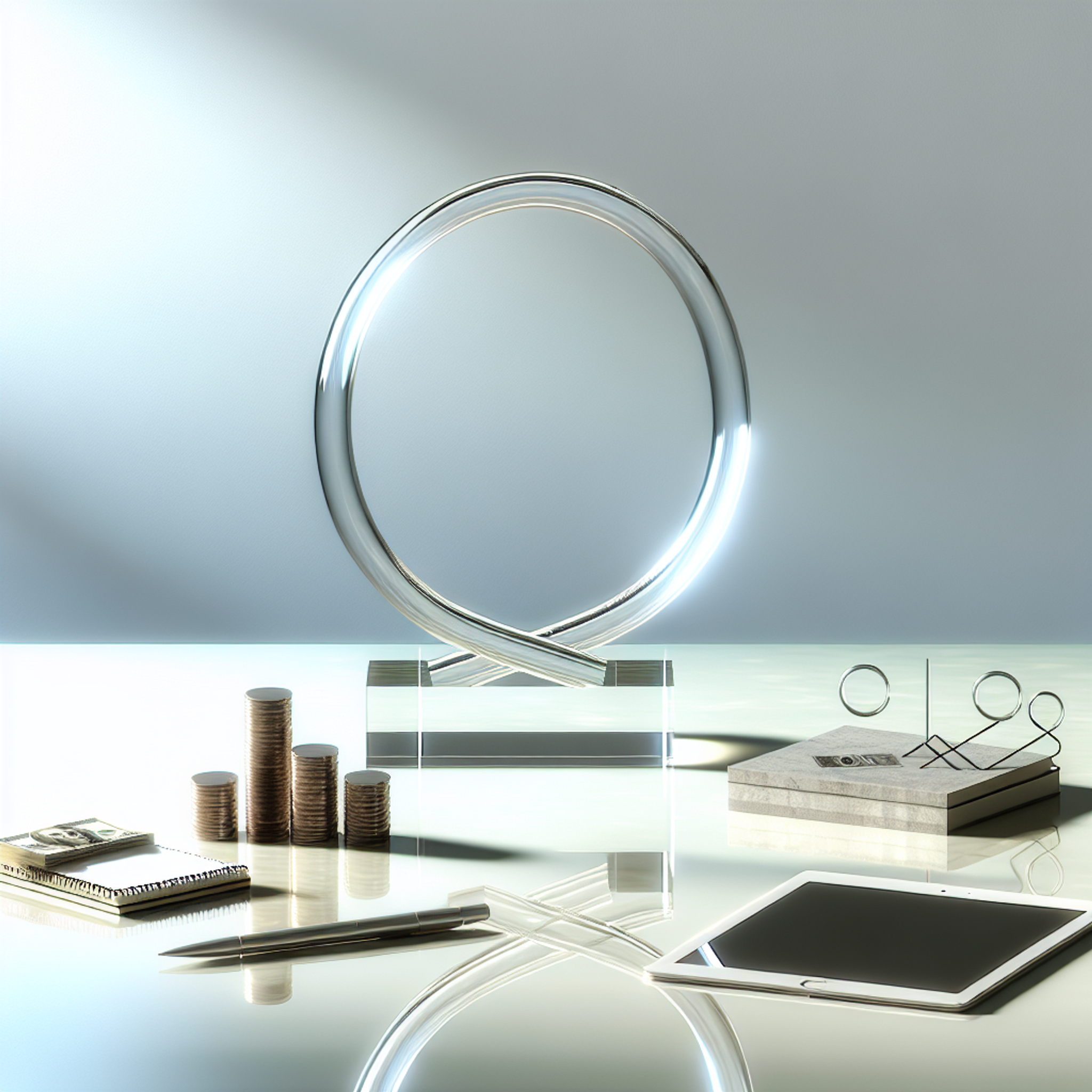Modern desktop with a glass loop sculpture, coins, and productivity tools, symbolizing recurring progress and wealth-building habits.