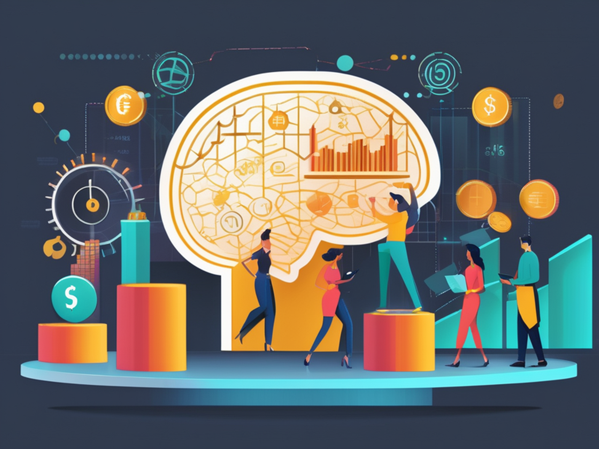 Illustration of behavioral economics in personal finance: diverse people with symbols like a scale, brain, magnifying glass, and digital data.