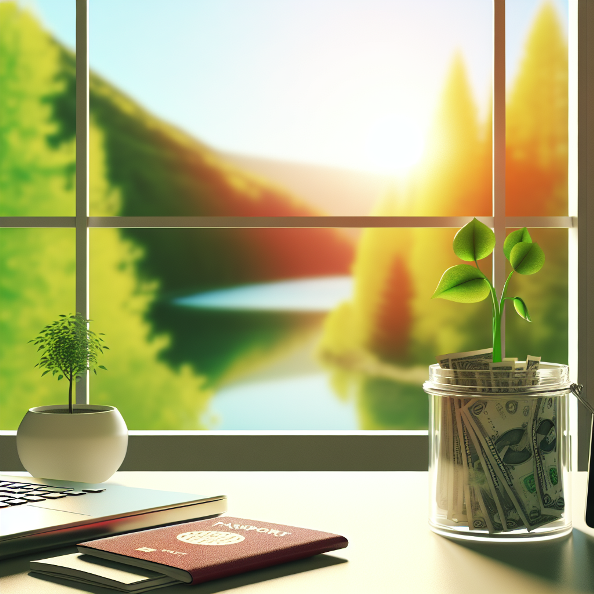 Modern workspace by sunlit window with closed laptop, passport, potted plant, and jar of coins with sprout, symbolizing growth and renewal.