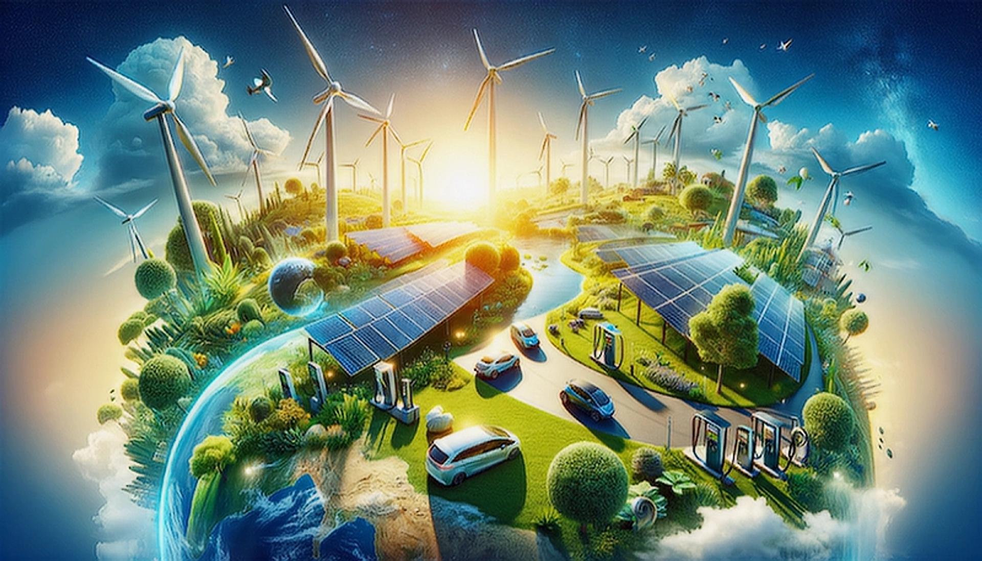 Panoramic view of solar panels, wind turbines, and electric vehicles illustrating a sustainable future on Earth.