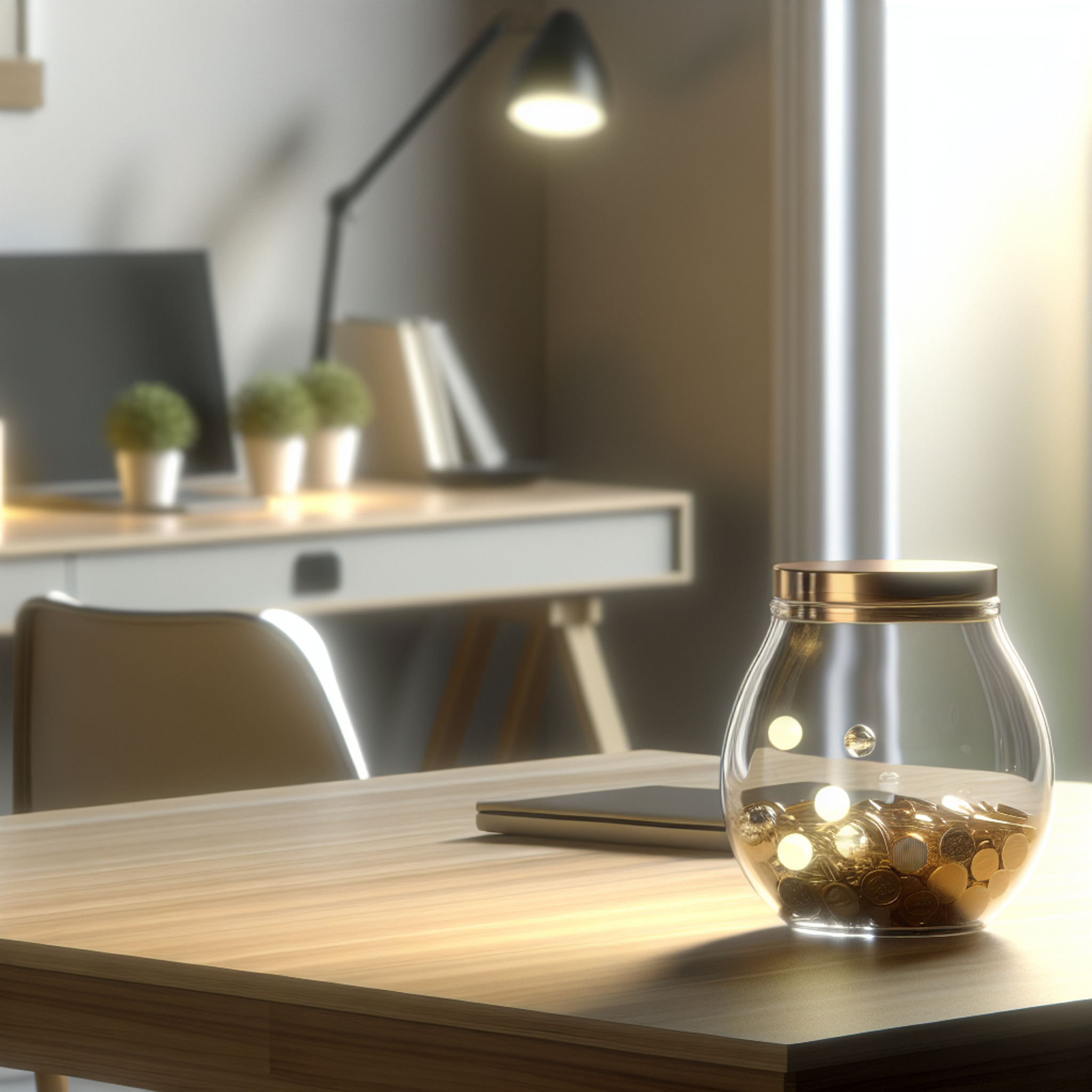 Glass jar filled with gold coins, keys, and glowing orbs on a wooden desk by a sunlit window; modern home office blurred in background.