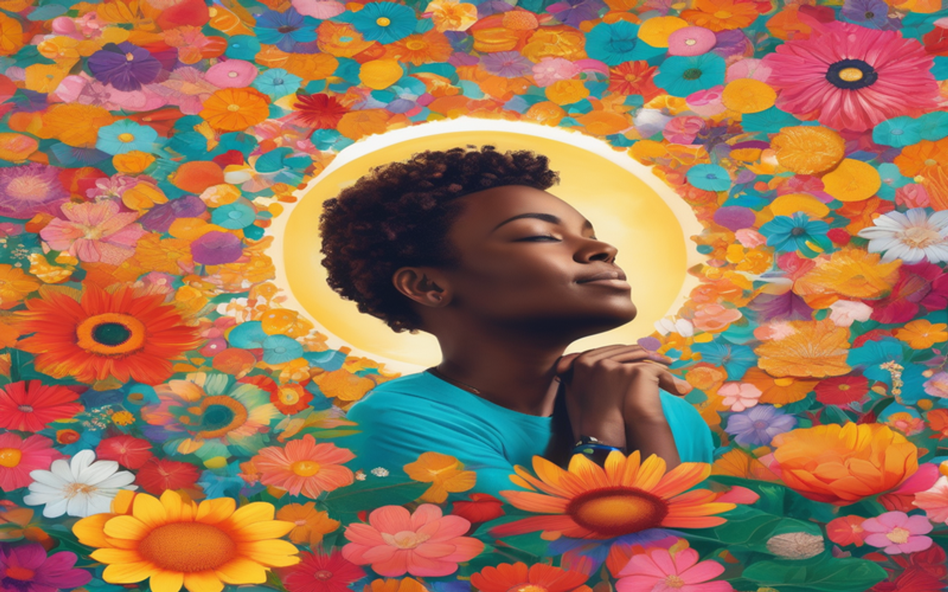 A person surrounded by coins, flowers, and sunshine, with a thought bubble filled with positive affirmations, symbolizing an abundance mindset.