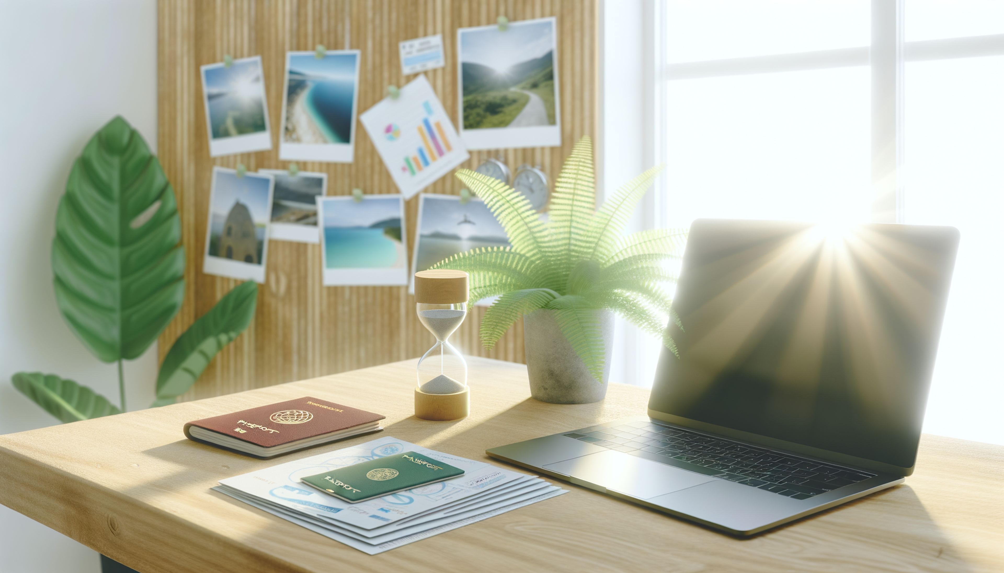 Modern workspace with closed laptop, passport, and financial documents on a wooden desk; sunlight highlights a plant and hourglass, symbolizing planning for a financial sabbatical.
