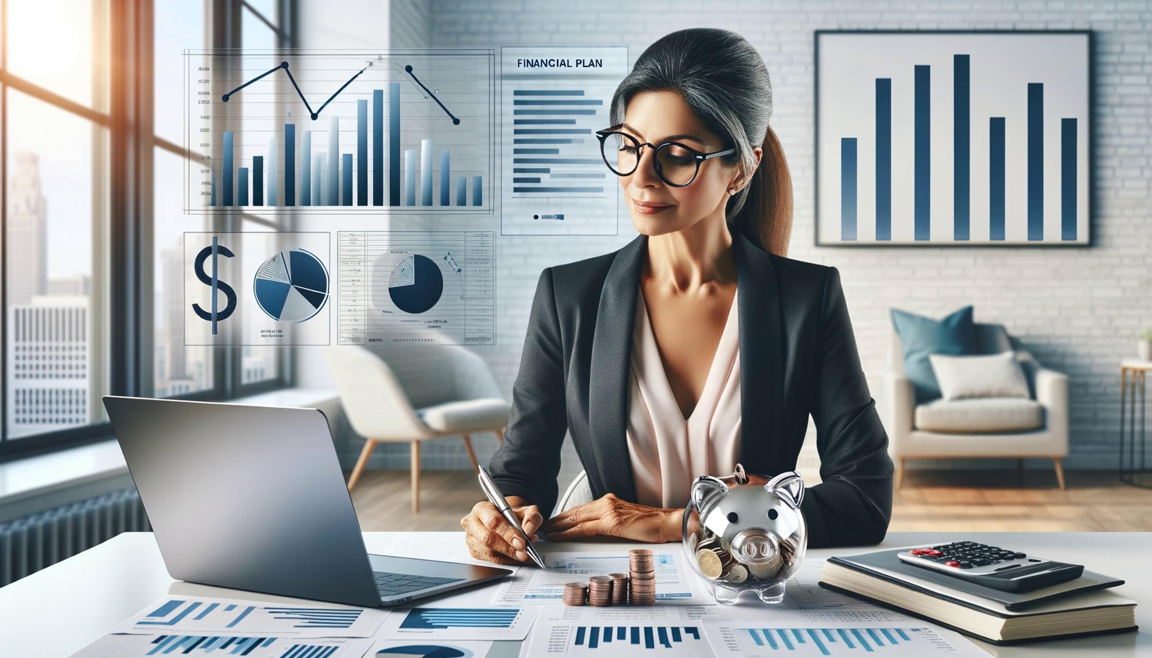 Digital art of a woman working at her desk within a financial setting