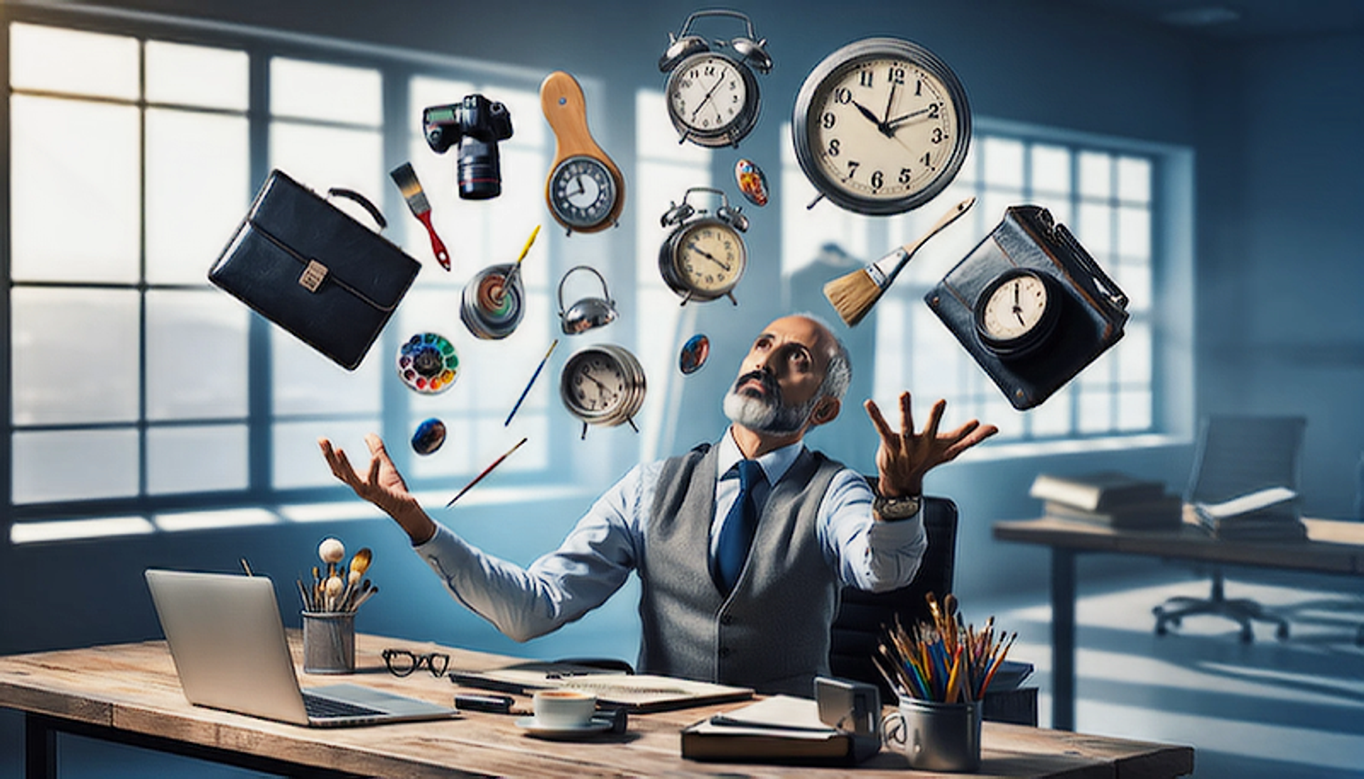 Image of office worker juggling many items in their office