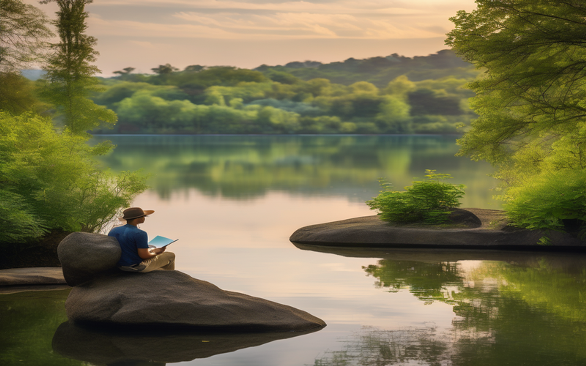 A person sits on a rock by a serene lake, surrounded by greenery and a distant cityscape, holding a journal and pen in a state of relaxation and clarity.