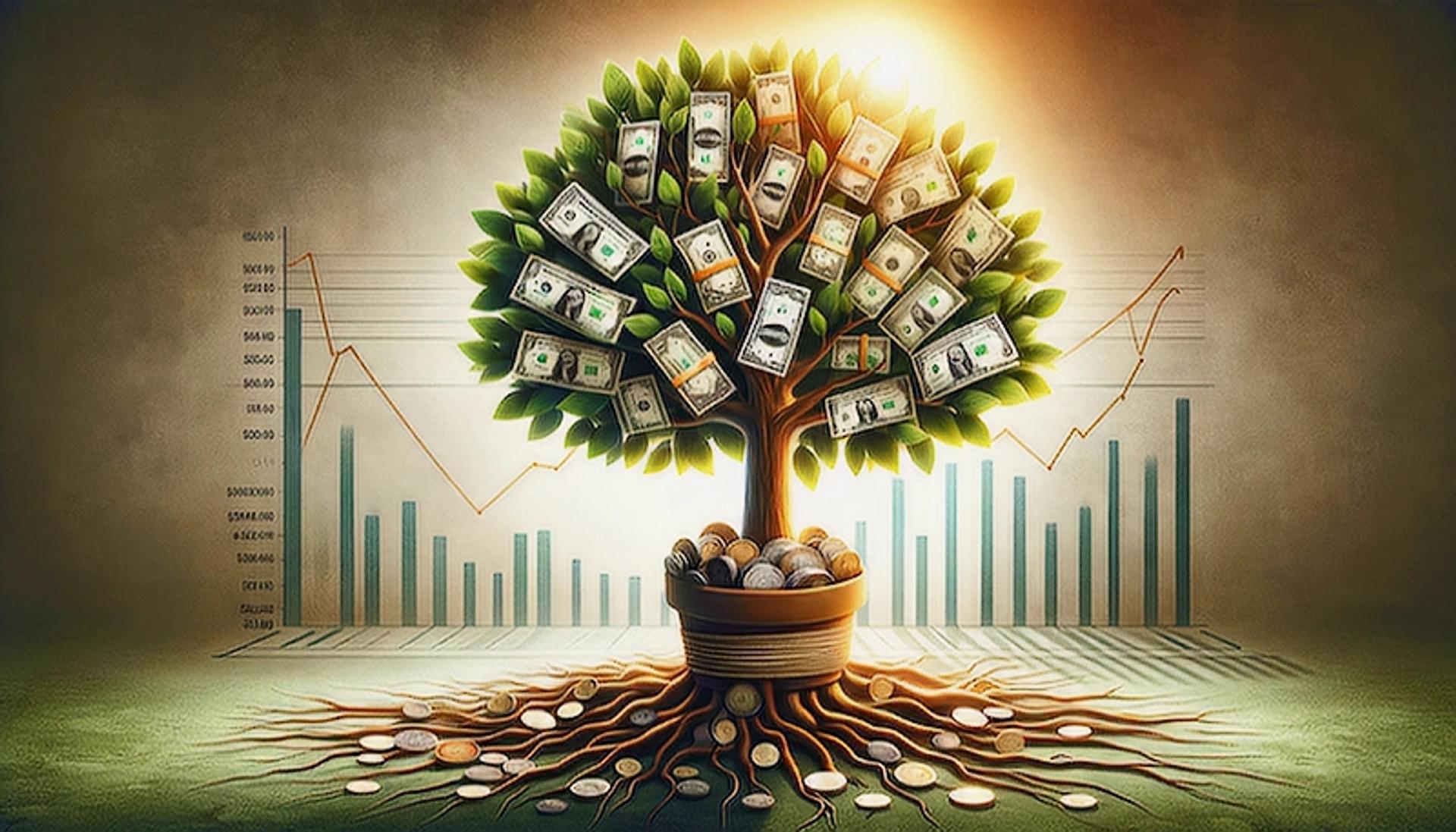 Digital image of a tree growing dollar bills, with the tree roots sprawling out from coins