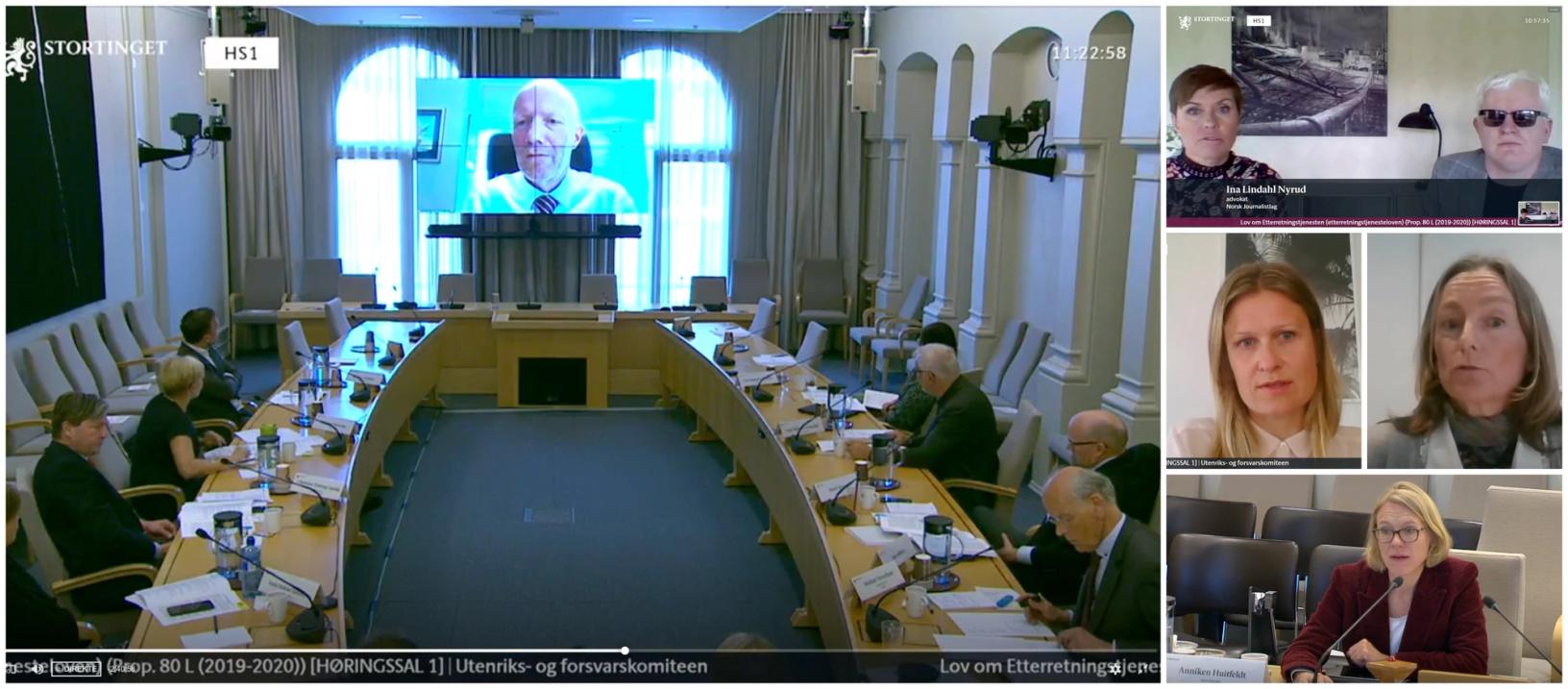 Skjermdump fra stortingshøringen torsdag der blant annet NRs generalsekretær Arne Jensen, NJ-advokat Ina Lindahl Nyrud og NJ-nestleder Dag Idar Tryggestad, NP-jurist Kristine Foss og Ane Stokland, leder for juridisk avdeling i NRK, var blant deltakerne. Nederst t.h. leder for Utenriks- og forsvarskomiteen, Anniken Huitfeldt (Ap).