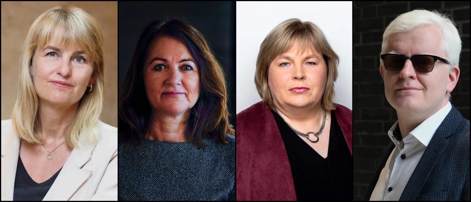 f.v. Randi Øgrey, adm. dir. Mediebedriftenes Landsforening, Reidun Kjelling Nybø, generalsekretær Norsk Redaktørforening, Elin Floberghagen, generalsekretær Norsk Presseforbund og Dag Idar Tryggestad, leder i Norsk Journalistlag.(Foto: Caroline Roka/NTB/NJ)