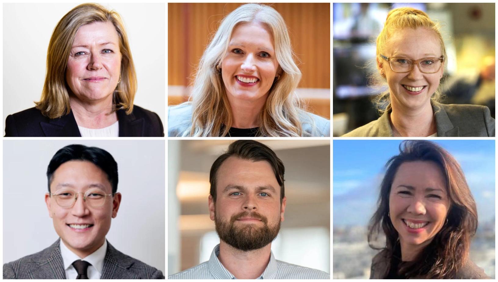 Valgkomiteen foreslår følgende styre i Oslo Redaktørforening: Øverst f.v. ny leder Tone Tveøy Strøm Gundersen (Aftenposten), nestleder Hilde Schjerve (Sol), styremedlem Nina Eldor (TV 2), nederst f.v. styremedlem Danby Choi (Subjekt), styremedlem Stian Øvrebø Johannessen (Dagens Næringsliv) og varamedlem June Westerveld (Nordstrands Blad).