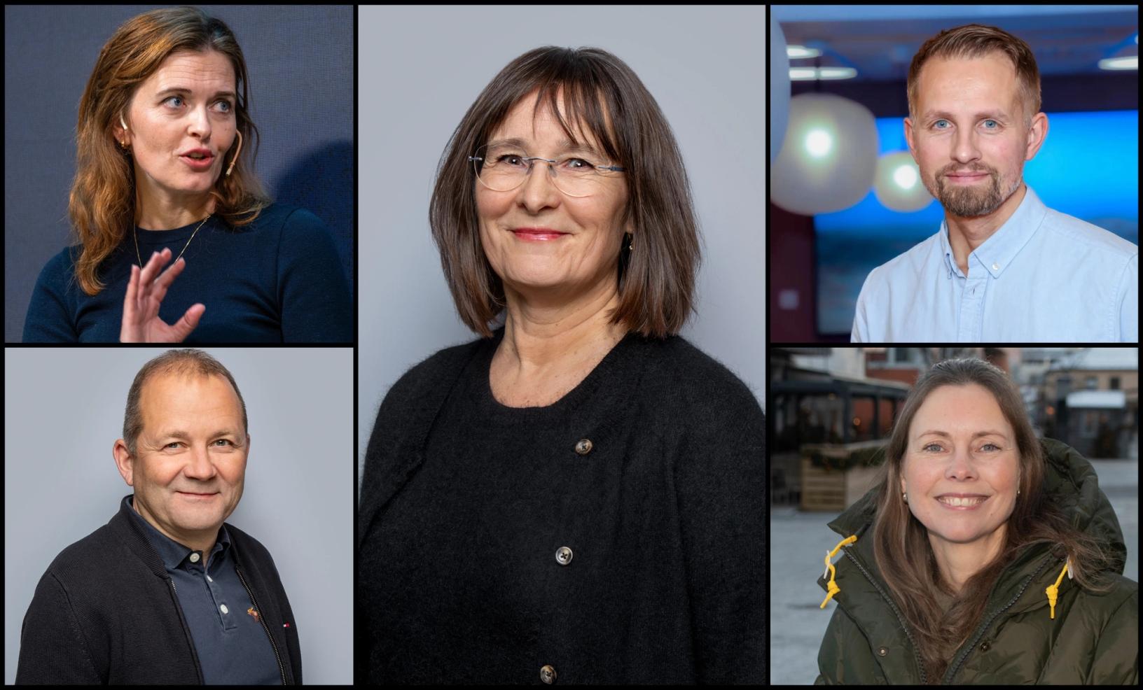 Tora Bakke Håndlykken (øverst t.v.) har gått ut i permisjon fra styreledervervet i NR fra 1. oktober. I mellomtiden har nestleder Helge Nitteberg (øverst t.h.) fungert som styreleder. På det ekstraordinære landsmøtet 5. november vil NR-medlemmene ta stilling til forslaget om at Britt Sofie Hestvik (i midten), ansv. redaktør i Kommunal Rapport blir konstituert som styreleder til 1. oktober 2026. Valgkomiteen foreslår at Steinulf Henriksen (Folkebladet, nederst t.v.) og Trine Rasmussen (Ringsaker Blad, nederst t.h.) blir valgt inn som ekstra vararepresentanter.