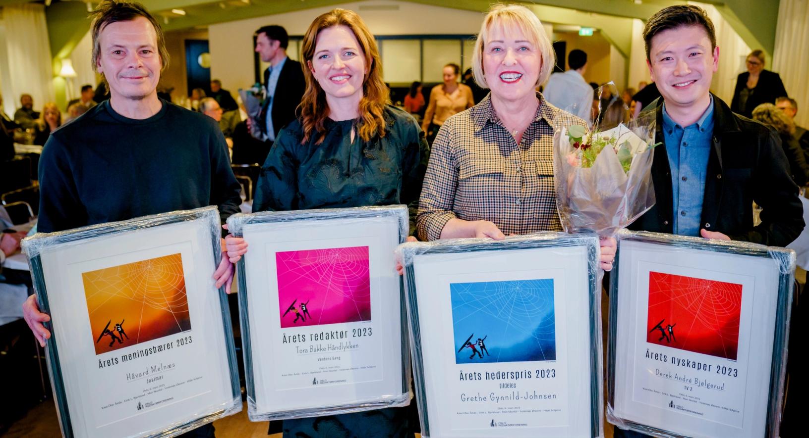 Årets prisvinnere: Håvard Melnæs (Årets meningsbærer),Tora Bakke Håndlykken (Årets redaktør), Grethe Gynnild-Johnsen (Årets hederspris) og Derek André Bjølgerud (Årets nyskaper).Foto: Stian Lysberg Solum, NTB