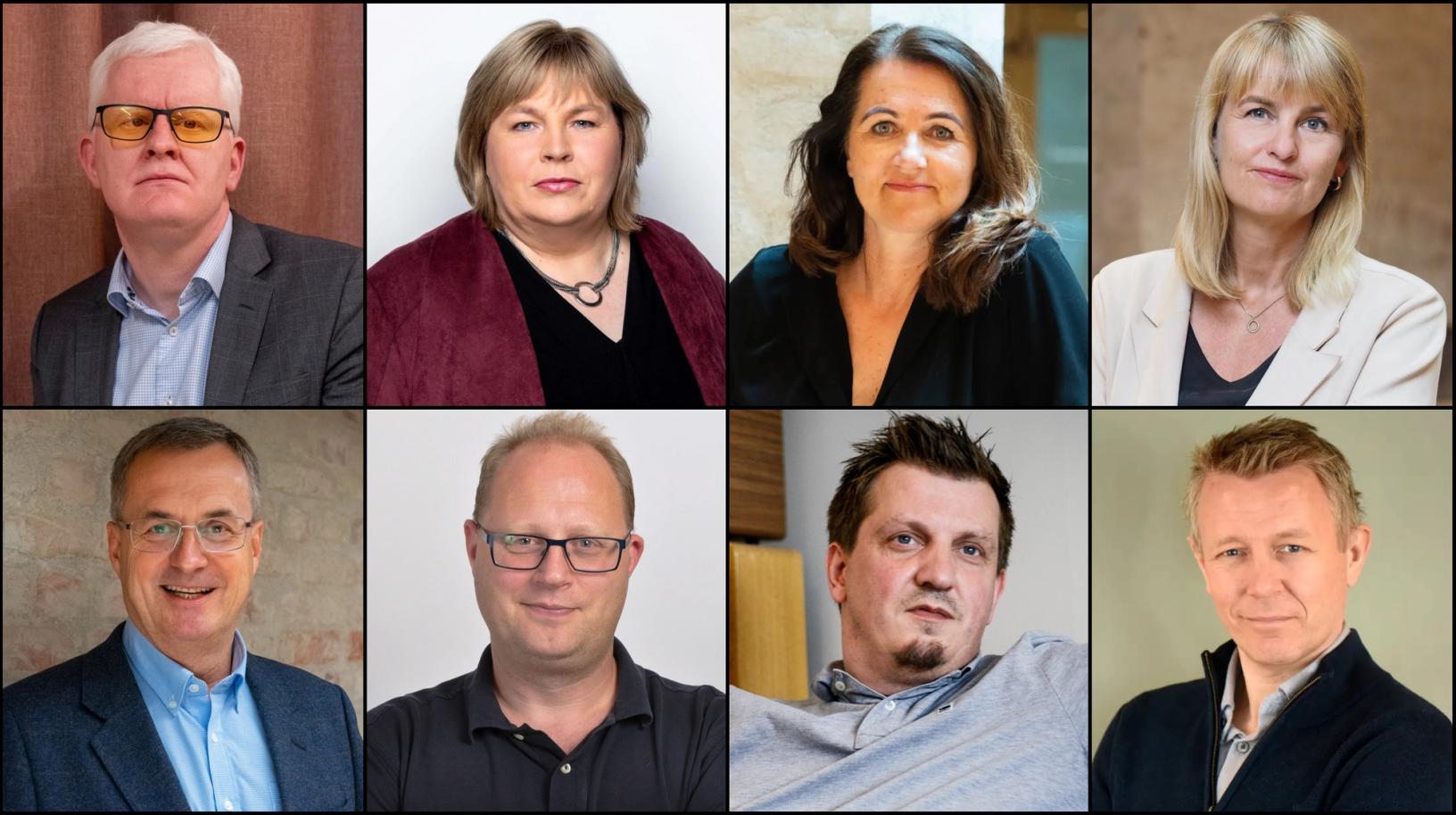 Øverst f.v. Dag Idar Tryggestad (NJ), Elin Floberhhagen (NP), Reidun Kjelling Nybø (NR), Randi Øgrey (MBL). Nederst f.v. Per Brikt Olsen (Fagpressen), Tomas Bruvik (LLA), Pål Lomeland (Norsk Lokalradioforbund og Espen Leirset (IPI Norge)