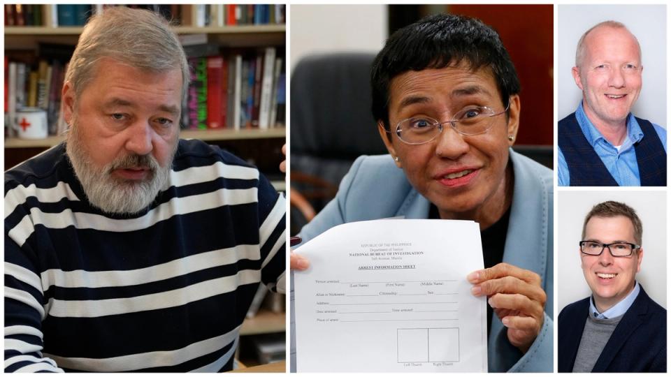 NRs generalsekretær Arne Jensen og styreleder Eirik Hoff Lysholm (t.h.) hedrer de to journalistene og redaktørene som er tildelt årets fredspris - Maria Ressa og Dmitrij Muratov (t.v.).Foto: AP Photo/Bullit Marquez/Alexander Zemlianichenko/Thomas Brun, NTB