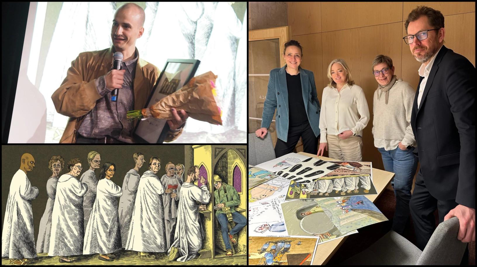 I fjor var det Tord Torpes tegning "Skrifteboksen" som ble kåret til Årets avistegning 2024. Nå skal Årets avistegning 2025 kåres, og juryen (t.h.) består også i år av Bianca Bøege, Tone Sofie Aglen, Sissel Skjervum Bjerkehagen og Bjørn Kristoffer Bore. Foto: Caroline Roka og Veslemøy Rysstad/Illustrasjon: Tord Torpe