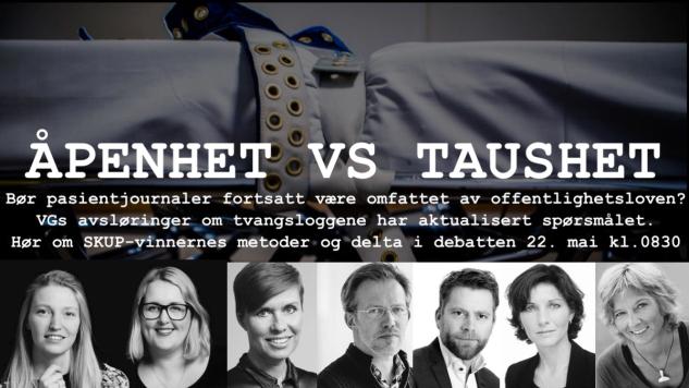 F.v. Mona Norman og Synnøve Åsebø, journalister i VG, Ina Lindahl Nyrud, advokat Norsk Journalistlag, Jostein Vist, foretaksjurist Sykehuset Østfold, Lars Duvaland, jurist i legeforeningen, Anne-Lise Kristensen, pasientombud Oslo og Akershus og møteleder Lilla Sølhusvik.Foto: VG m.fl.