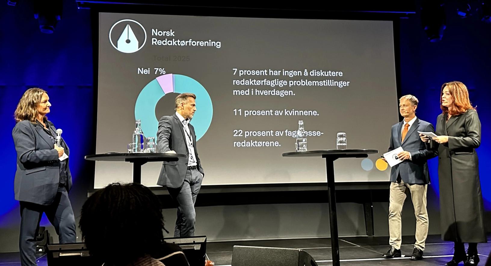 F.v. ansvarlig redaktør i Forsvarets forum, Anne Karin Pessl-Kleiven, Sindre Halkjelsvik, ansvarlig redaktør i Sunnmørsposten og møtelederne Bjørn Rønningen og Ingeborg Heldal.