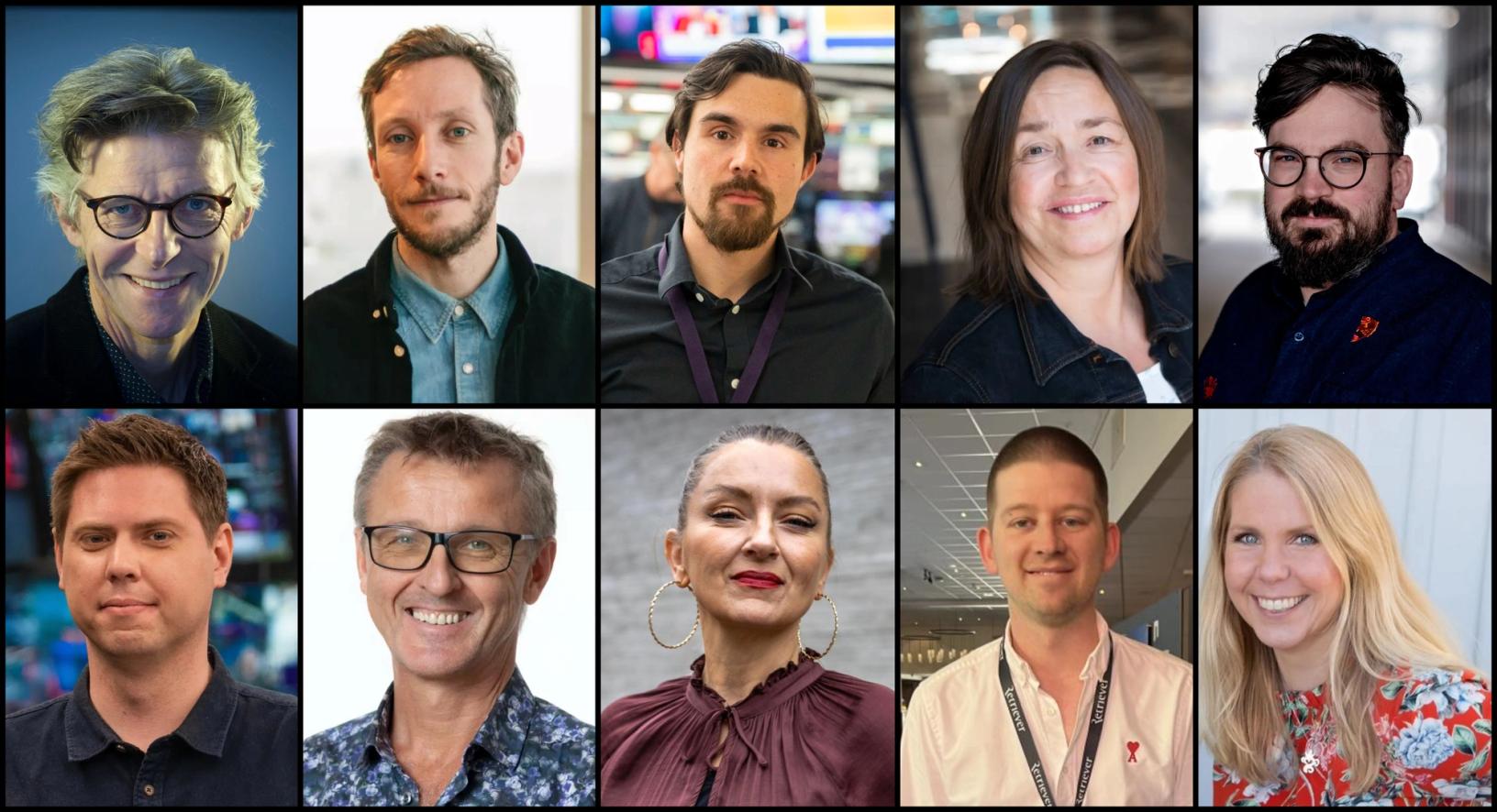 Her er ti av redaktørene som 17. juni ble innvilget stipend fra NRs vederlagsfond. Øverst f.v. Agnar Kaarbø (Kommunal Rapport), Lars Petter Sveen (Vårt Land),  Chris Roald Hermansen (TV 2), Heidi Pleym (NRK region sørøst) og Anders Rubing (Nordisk revy for arkitektur). Nederst f.v. Fredrik Kirkevold (TV 2), Tore Oksholen (Universitetsavisa), Trine Jonassen (High North News), Torkel Schibevaag (NRK Rogaland) og Mette Torstensen (Periskop).