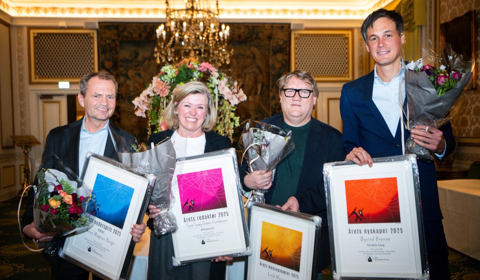 Alle prismottakerne samlet - f.v. Knut Magnus Berge, Tone Tveøy Strøm-Gundersen, Eirik Mosveen og Øyvind Brenne. Foto: Annika Byrde, NTB