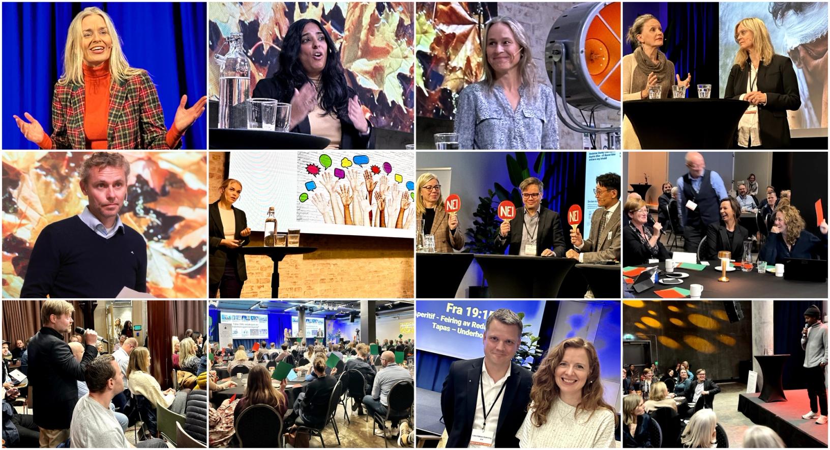Noen av de som deltok på høstmøtet 2023, øverst f.v. Hilde Sandvik, Lubna Jaffery, Irene Halvorsen, Hanne Skartveit og Karianne Solbrække. I midten f.v. Ola Borten Moe, Siri Andresen, Trine Eilertsen, Johan Ailo Kalstad, Danby Choi, Veslemøy Østrem, Arne Jensen, Elisabeth Onsum og Kaja Mejlbo. Nederst f.v. Robin Røkke, møtelederne Lars Håkon Grønning og Siril Heyerdahl og Jonis Josef. Foto: Torill Henriksen/Trine Ohrberg/Reidun K. Nybø
