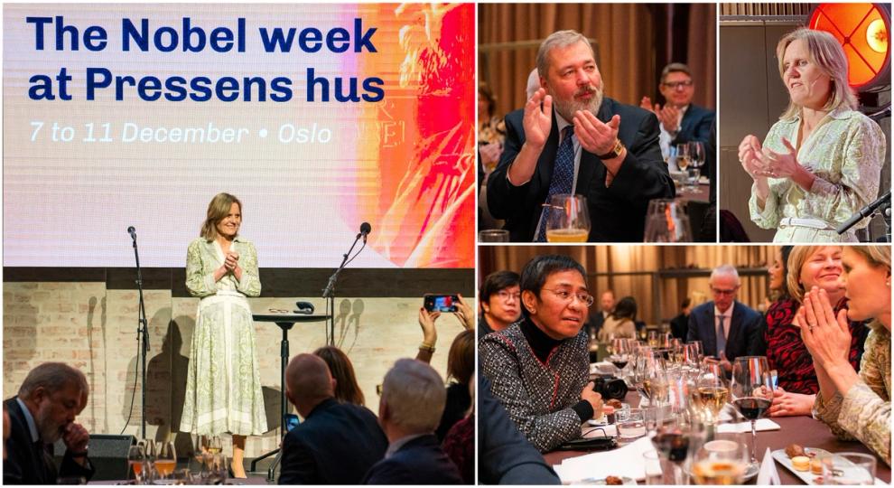 Nyhetsdirektør i NRK, Helje Solberg hadde hovedtalen under lunsjen for fredsprisvinnerne Maria Ressa og Dmitrij Muratov i Pressens hus lørdag 11. desember. Foto: Håkon Mosvold Larsen/NTB og Reidun K. Nybø/NR
