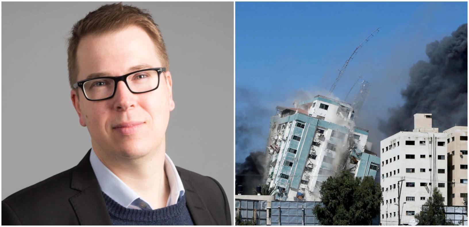 Norsk Redaktørforening og styreleder Eirik Hoff Lysholm reagerer sterkt på den israelske bombingen av bygningen som huset flere sentrale medieinstitusjoner på Gazastripen. (Foto: Dagsavisen og Mohammed Salem / Reuters / NTB)