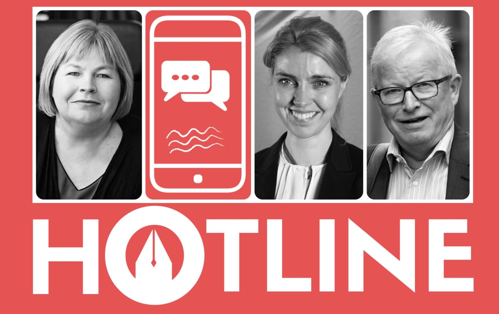 Gjester i NRs podkast Hotline denne gang er f.v. Elin Floberghagen, Alexandra Beverfjord og Bernt Olufsen