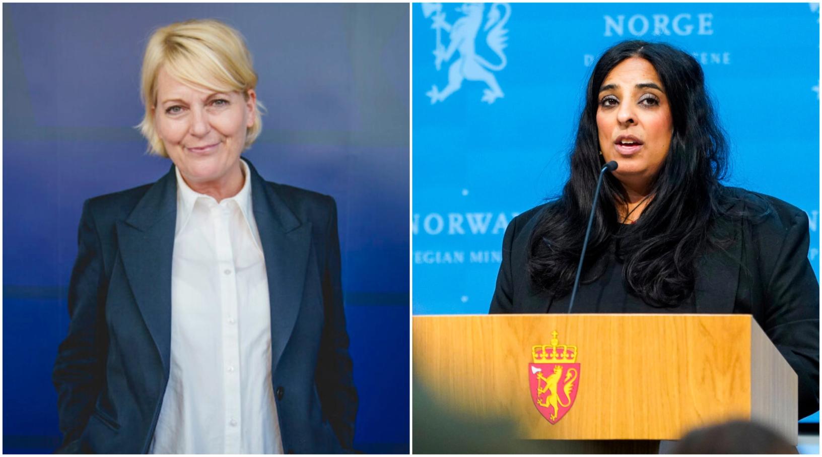 I innspillene om NRK til Medietilsynet, påpeker NR, NJ og LLA det problematiske i at kulturminister Lubna Jaffery (t.h.) er både regulerende myndighet og generalforsamling av NRK. Kringkastingssjef Vibeke Furst Haugen t.v.. Foto: NRK og NTB