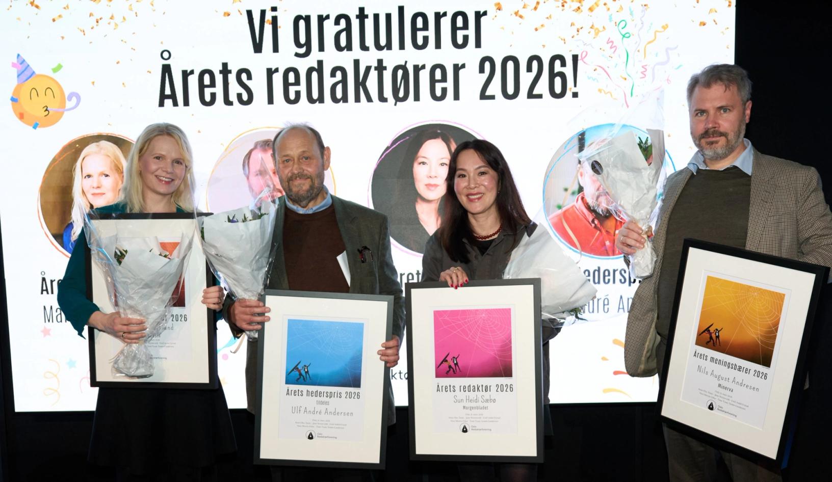 Årets redaktører i Oslo og Akershus: F.v. Marte Spurkland, Ulf Andre Andersen, Sun Heidi Sæbø og Nils August Andresen. Foto: Fredrik Mørk Granlund