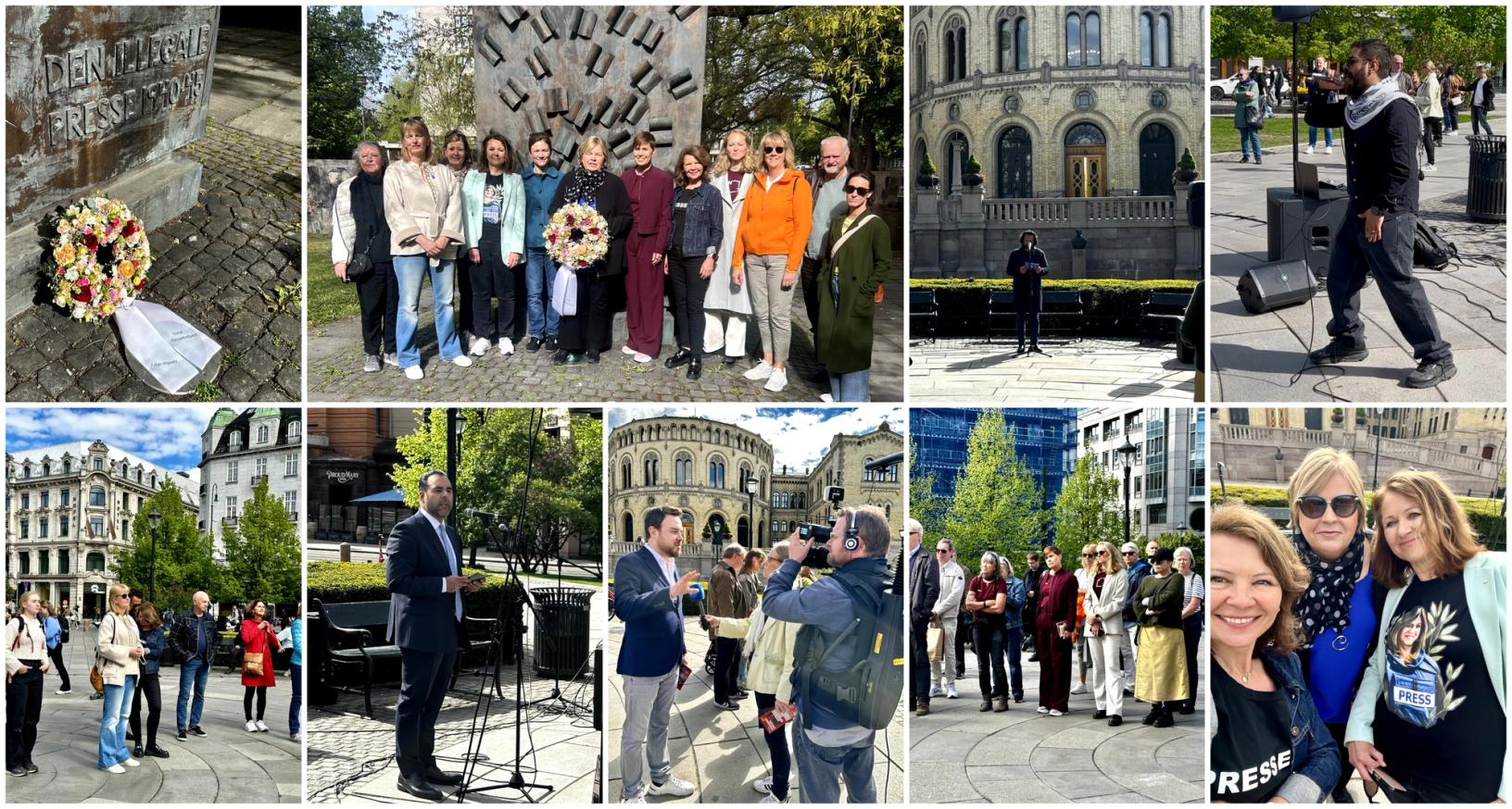 Før arrangementet på Eidsvolls plass, la presse- og ytringsfrihetsorganisasjoner ned krans ved monumentet for den illegale presse under krigen. Deretter var det en rekke appeller og også musikalske innslag foran Stortinget. Foto: Norsk Presseforbund og Norsk Redaktørforening