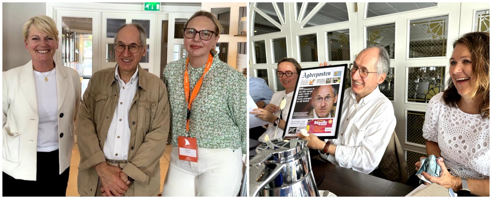 Bildet t.v. kringkastingssjef Vibeke Fürst Haugen, Charlie Hebdo-redaktør Gérard Biard og Agderposten-redaktør Katrine Lia. Bildet t.h. - Biards kone Camille Dieuaide, Biard og NRs generalsekretær Reidun Kjelling Nybø.(Foto: Anne Ekornholmen/Reidun k. Nybø)