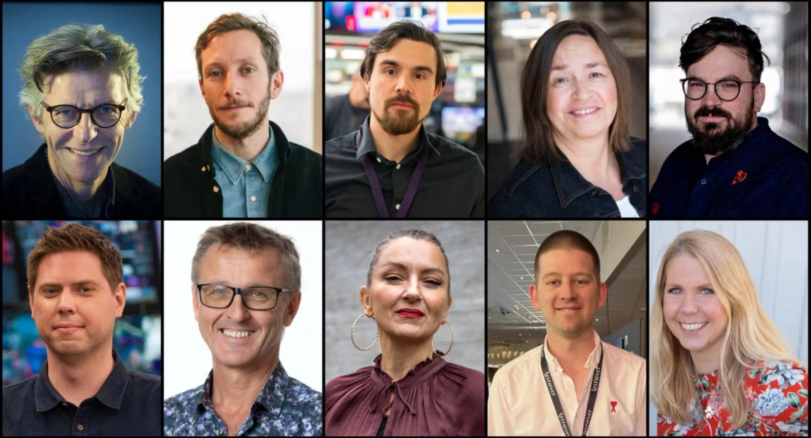 Her er ti av redaktørene som 17. juni ble innvilget stipend fra NRs vederlagsfond. Øverst f.v. Agnar Kaarbø (Kommunal Rapport), Lars Petter Sveen (Vårt Land), Chris Roald Hermansen (TV 2), Heidi Pleym (NRK region sørøst) og Anders Rubing (Nordisk revy for arkitektur). Nederst f.v. Fredrik Kirkevold (TV 2), Tore Oksholen (Universitetsavisa), Trine Jonassen (High North News), Torkel Schibevaag (NRK Rogaland) og Mette Torstensen (Periskop).