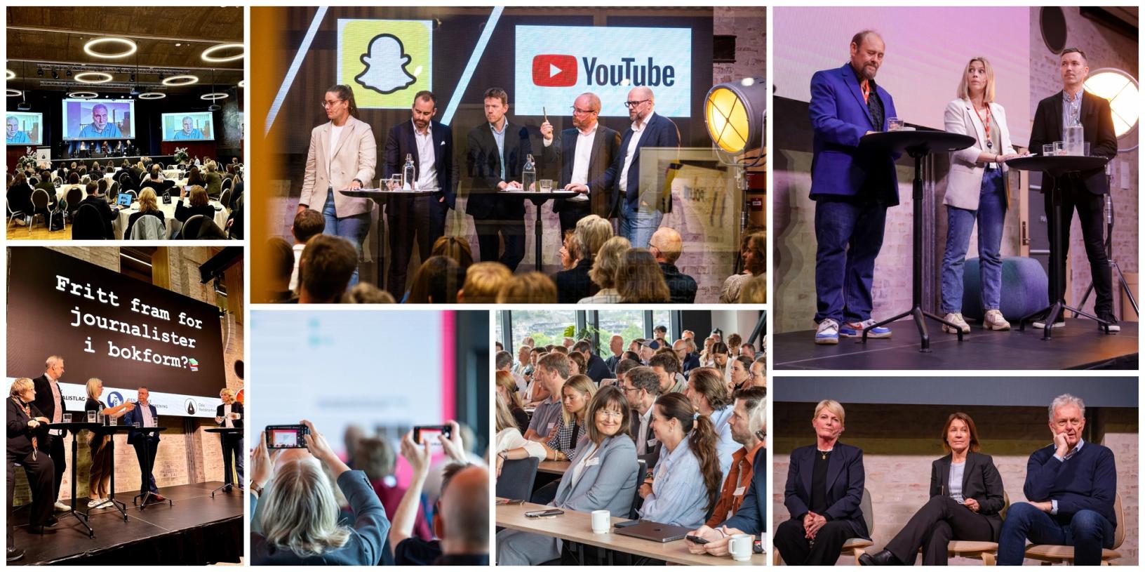 Noen aktuelle arrangementer i 2024: NRs høstmøte, debatt om journalister i bokform, møte mellom mediebransjen og tek-selskapene i septemner, Medieleder-konferansen i mai, debatt om Marius Borg Høiby-dekningen og møte om redaktører i stormen. Foto: NTB/Lena Lislevand/Medier24/Reidun K. Nybø