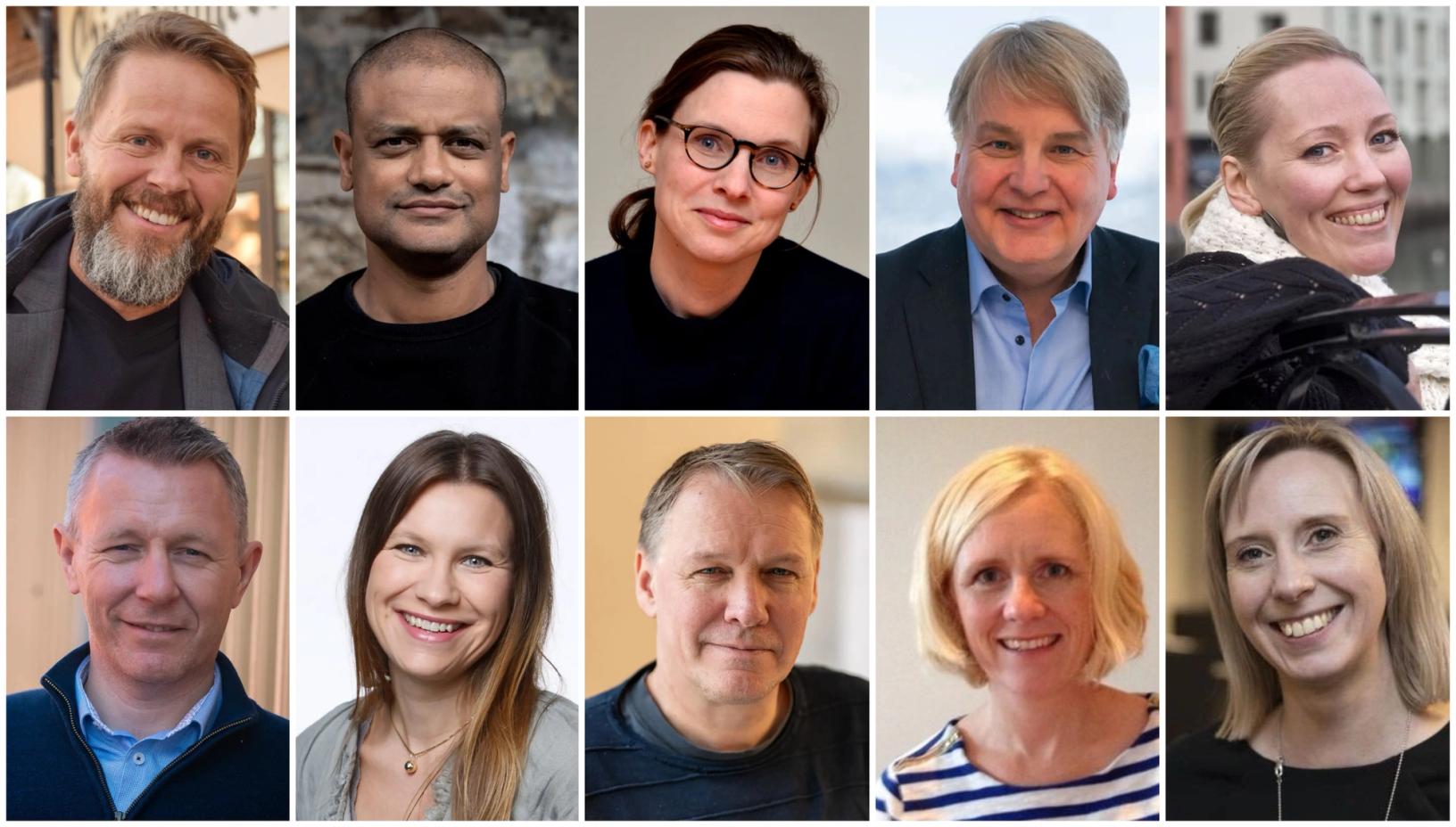 Felles for alle disse redaktørene er at de i desember ble innvilget ulike stipender fra NRs vederlagsfond: Øverst f.v. Torgeir Lorentzen (Gjengangeren), Lucas Weldeghebriel (Shifter), Gunn Kari Hegvik (Fosnafolket), Erik Sønstelie (Amedia) og Liv-Jorunn Håker (Sunnmørsposten). Nederst f.v. Espen Leirset (Innherred), Rina Therese Blekkerud (NRK), Stig Jakobsen (Avisa Nordland), Turi Enoksen (NRK Troms) og Charlotte Østby Sundberg (Nettavisen).