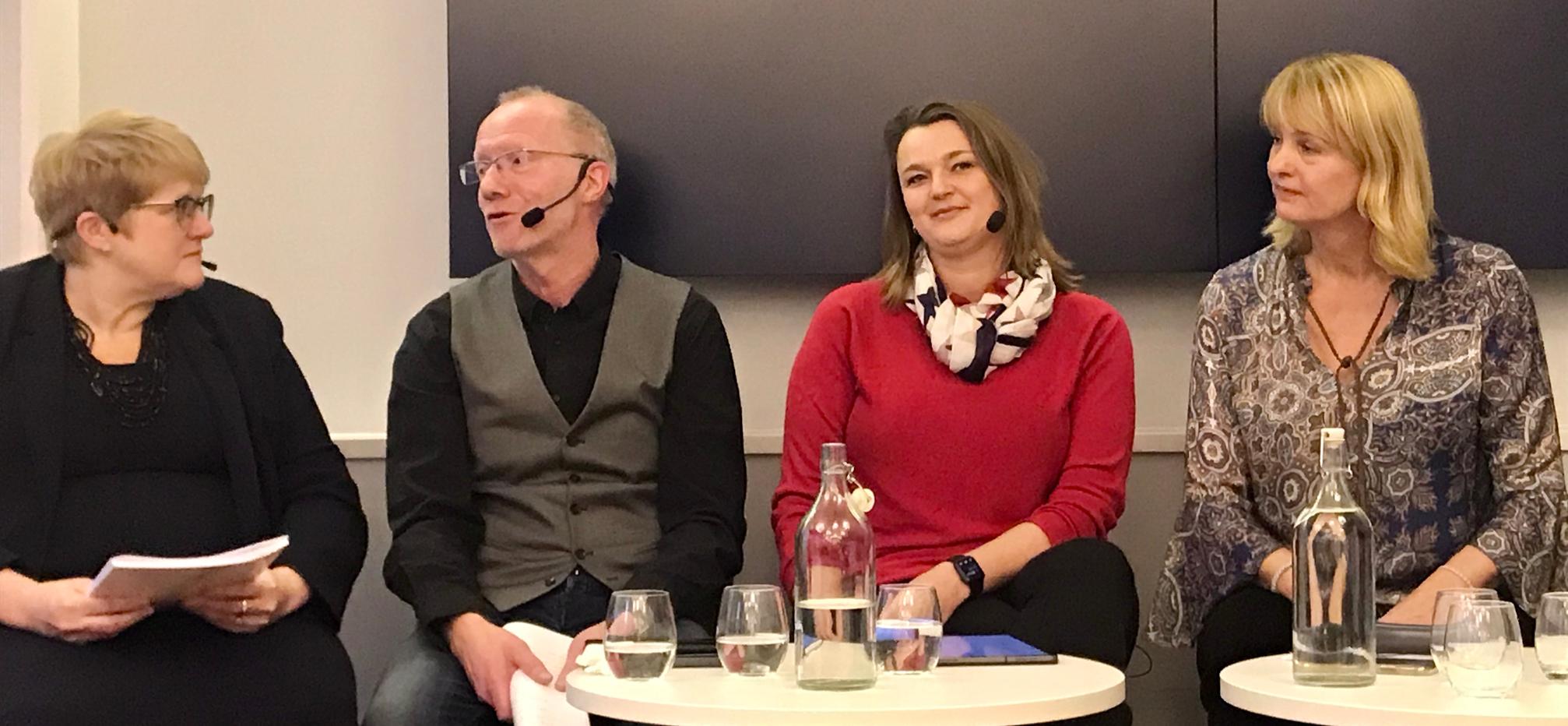 NRs generalsekretær Arne Jensen deltok på debatt om medieansvarsloven fredag morgen sammen med blant annet kulturminister Trine Skei Grande (t.v.), NJ-leder Hege Iren Frantzen og MBL-direktør Randi Øgrey (t.h.).Foto: Reidun Kjelling Nybø