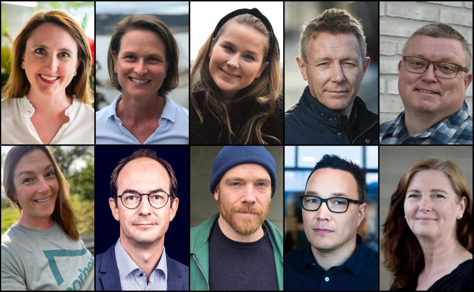 Disse redaktørene ble tildelt stipend: Øverst f.v. Hanne Taalesen (Avisa Oslo), Anne Ekornholmen (Nationen), Klara Skorvo Thoresen (Alvdal Midt i Væla), Espen Leirset (Innherred) og Ole Petter Pedersen (Europower). Nederst f.v. Astrid Kvam Helset (Vigga), Stian Eisenträger (Sykepleien), Erlend Paxal (Erlik), Robin Mortensen (NRK nord) og Pia Marie Lerseth (Inderøyningen).  Foto: Medier24/Nationen/NTB/Trønder-Avisa/NRK  