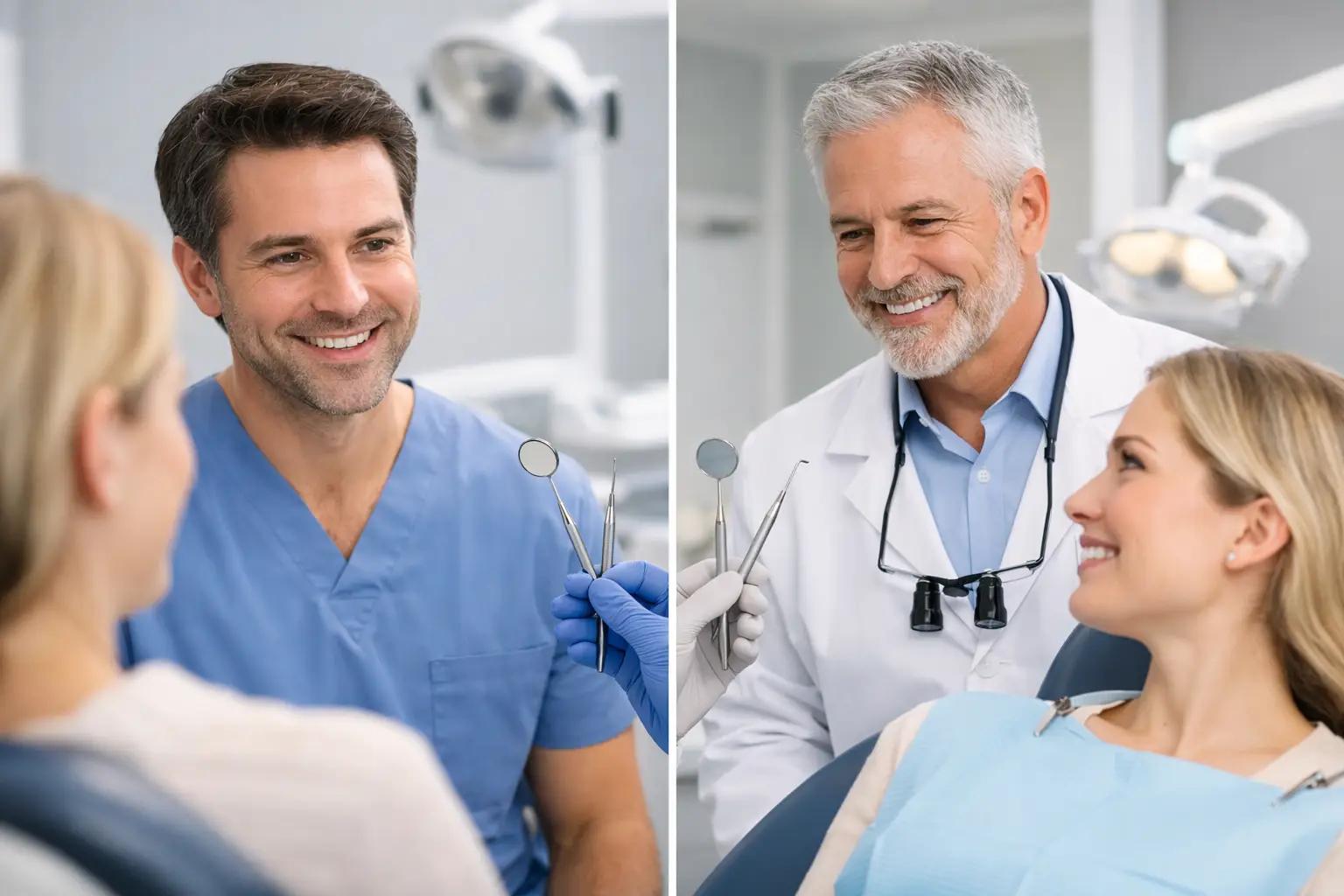 Split image of two smiling dentists holding tools while engaging with patients in a dental chair.