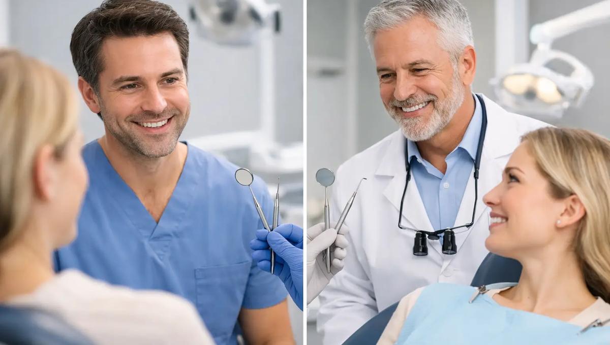 Split image of two smiling dentists holding tools while engaging with patients in a dental chair.