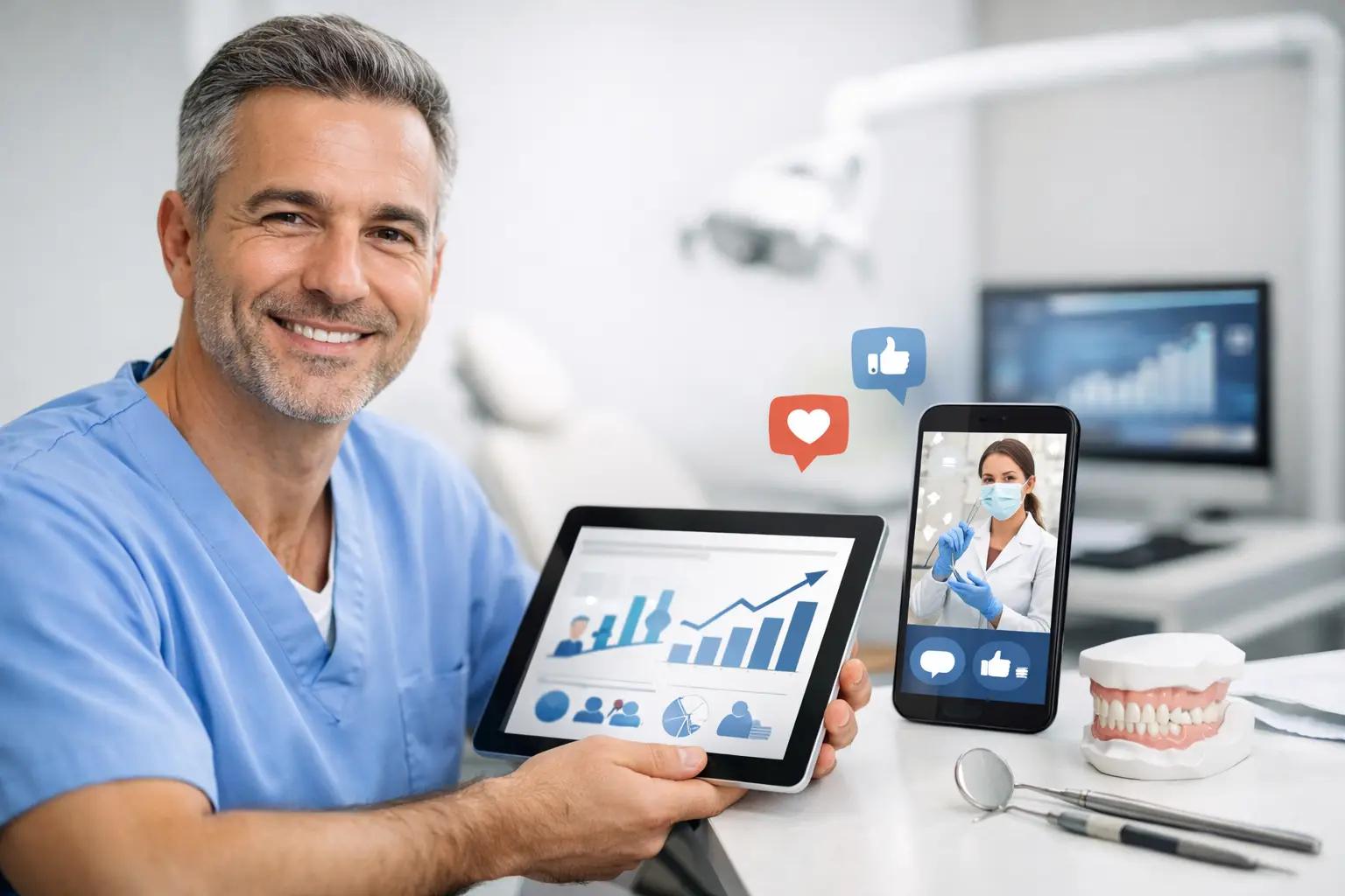 Smiling dentist holding a tablet with growth charts beside a phone showing a dental video with social media icons and a jaw model.